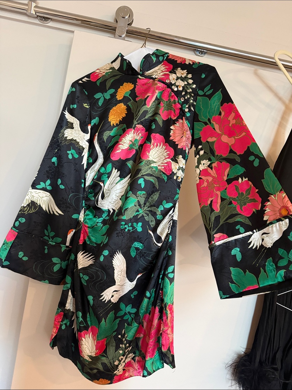 Floral Satin Mini Dress Qi Pao style - Black & Green - Picture 3 of 3